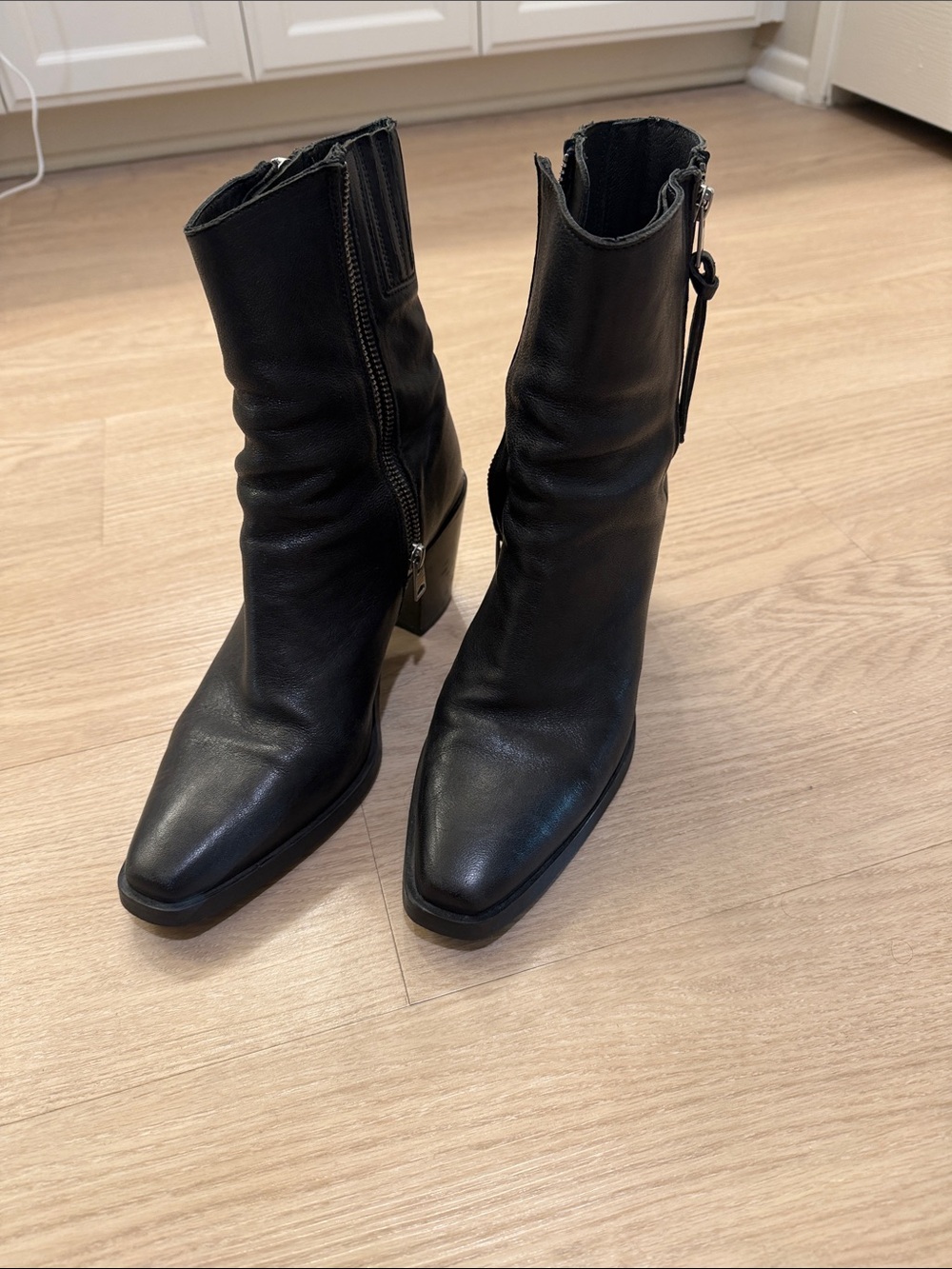 All saints- Black Leather Mid-Calf Heeled Boots - Women's